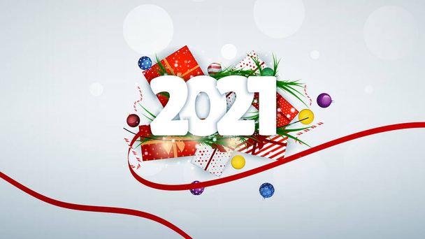 お祝いの背景に2021年のホリデーメッセージ。新年のためのプロモーションとショッピングテンプレート。メリークリスマスとハッピーニューイヤー。色は？。冬休み。空気中の雪片。ベクターイラスト - ベクター画像