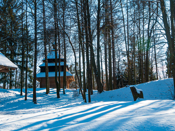 Casa di campagna vintage in legno nella foresta montuosa coperta di neve sul paesaggio naturale. Comprensorio sciistico famiglia riposo attivo. Vacanze invernali innevate. Fiocchi di neve che cadono lentamente. Tranquillo tranquillo scena nevosa - Foto, immagini