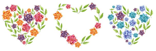 Set of botanical heart shaped wreaths made of dahlia flowers in orange, purple, blue, turquoise and pink colors. Hand drawn watercolor illustration. - Photo, image