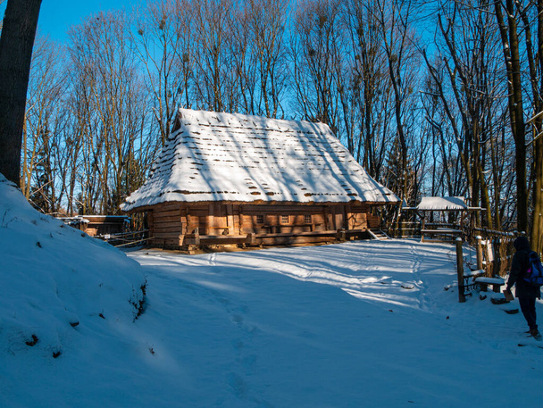 Dağlarda, ormanlarda, doğa manzarasında karla kaplı ahşap bir kır evi. Kayak merkezi aile dinlenmesi. Karlı kış tatilleri. Yavaşça düşen kar taneleri. Sakin, sakin, karlı sahne - Fotoğraf, Görsel