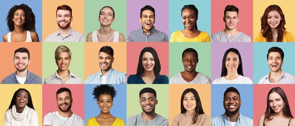 Des personnes multiethniques positives font face à un collage sur différents milieux colorés, Panorama - Photo, image