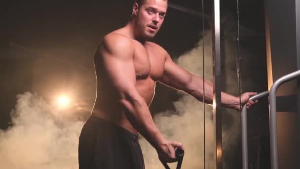 Ελκυστικός και δυνατός τύπος γυμνάζεται με βαρύ ανυψωτικό μηχάνημα στο γυμναστήριο - Πλάνα, βίντεο