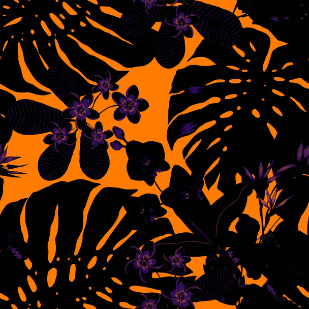 熱帯の葉や花と水彩シームレスパターン。手描きのエキゾチックな植物と美しいアロバープリント。水着植物デザイン。ベクトル。ヴィンテージエキゾチックな｜print. - ベクター画像