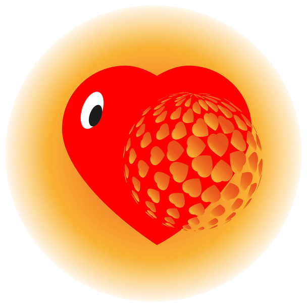 Vector Image of a Stylized Heart Peeking Out from Behind a Volumetric Ball On an Orange Gradient Αφιερωμένο στην Ημέρα του Αγίου Βαλεντίνου  - Διάνυσμα, εικόνα