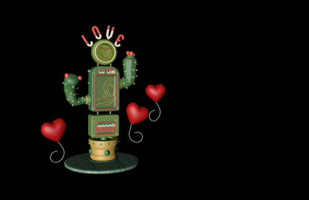 Illustrazione 3D di cactus con spine e grafica al neon di persone disabili. Con la frase "amore ai bisognosi". Palloncini a forma di cuore. - Foto, immagini
