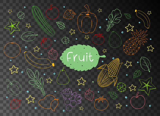Set of different fruit doodle isolated on transparent background illustration - Vector, Image