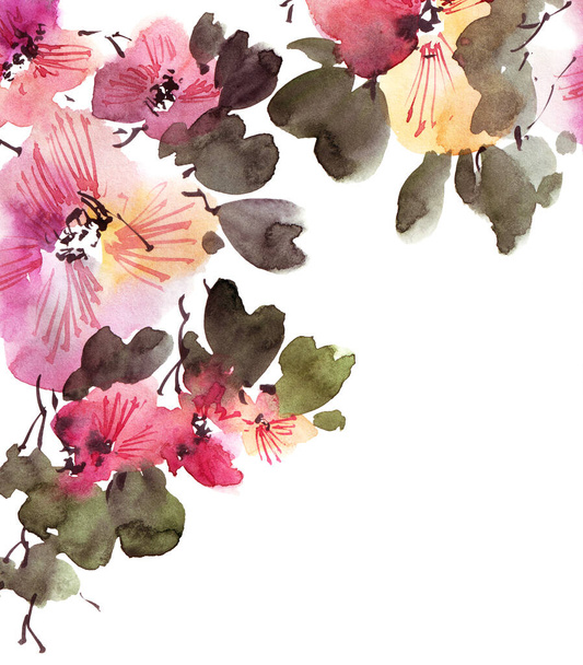 Aquarell und Tusche illustrieren blühende Zweige - mit Blüten, Knospen und Blättern. Orientalische traditionelle Malerei im Stil Sumi-e, u-sin und gohua. - Foto, Bild