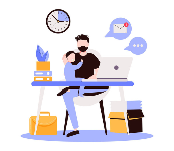 Freelancer with child working on laptop. Parent working with son. Home office. Remote worker, employee schedule, flexible schedule concept. Pink coral blue vector isolated illustration - Vector, Image