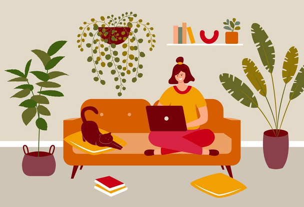 Mujer sentada y charlando en línea. Personaje femenino con portátil en sofá en acogedora casa interior plantas gato. vector abstracto plano - Vector, imagen