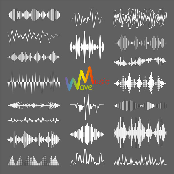 Білі звукові хвилі колекція логотипів з аудіо символами. Встановлено сучасні музичні рівноправні елементи. Цифрова плоска ізольована ілюстрація. Технологія хвильового сигналу Jpeg. - Фото, зображення