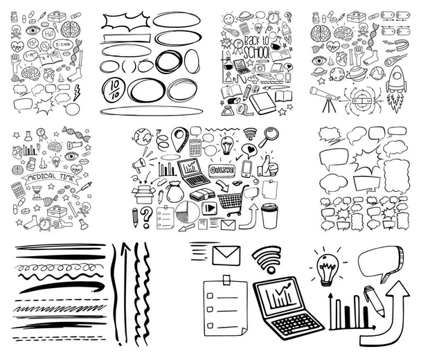 Набор объектов и символов, нарисованных вручную на белом фоне - Вектор,изображение