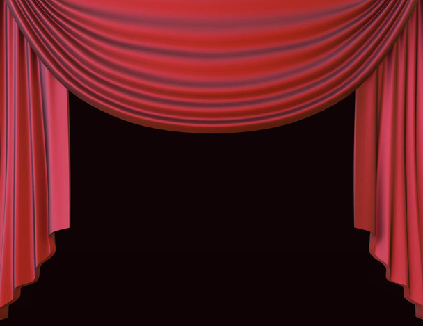 Kırmızı tiyatro perdesi koyu arka planda izole edilmiş. 3B illüstrasyon - Fotoğraf, Görsel