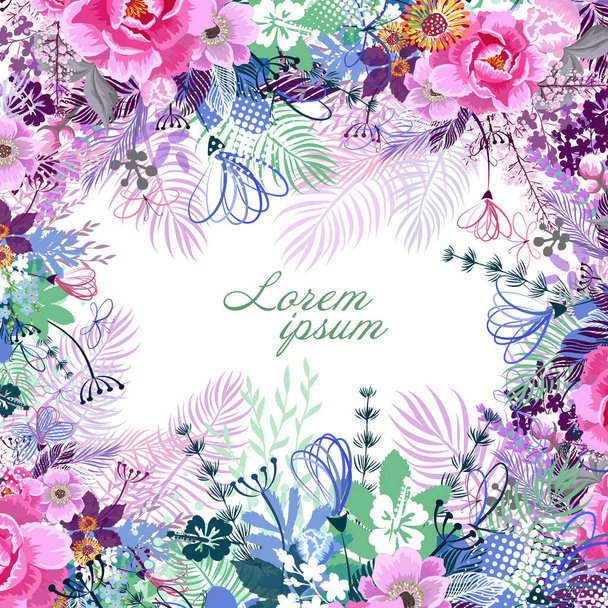 Hermoso marco floral con diferentes flores. Ilustración vectorial - Vector, Imagen