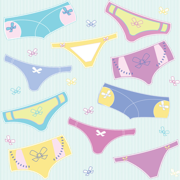 Vector seamless pattern with colourful cute panties on striped background - Vector, Image