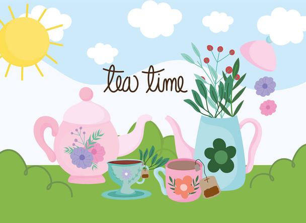 Tea time, kettles cups with herbs leaves nature landscape - Vetor, Imagem