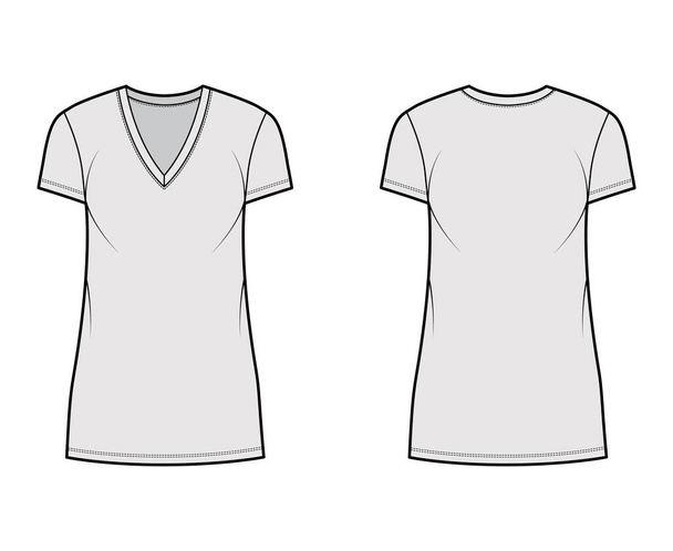 Tシャツドレス技術的なファッションイラストでVネック、半袖、ミニ長さ、特大ボディ、ペンシル膨満感. - ベクター画像