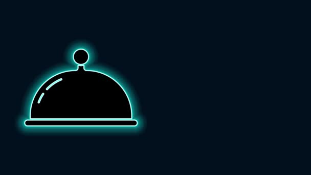 Glowing neon line Covered with a tray of food icon isolated on black background. Tray and lid sign. Restaurant cloche with lid. 4K Video motion graphic animation - Footage, Video