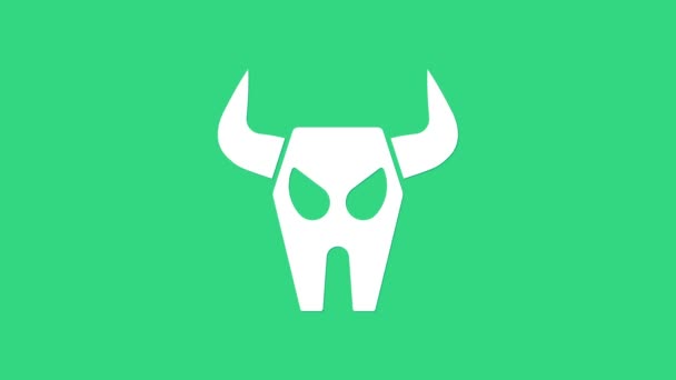 Icono blanco del cráneo de búfalo aislado sobre fondo verde. Animación gráfica de vídeo 4K - Metraje, vídeo