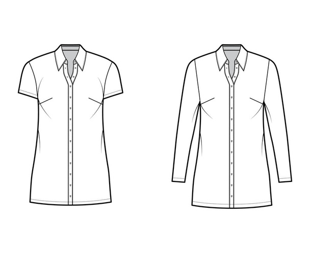 Camicia abito tecnico illustrazione di moda con colletto classico regolare, mini lunghezza, corpo sovradimensionato, bottone su. Piatto - Vettoriali, immagini