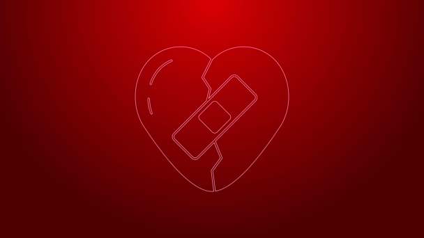 Zelená čára Vyléčené zlomené srdce nebo rozvodové ikony izolované na červeném pozadí. Zlomené a záplatované srdce. Symbol lásky. Valentýn. Grafická animace pohybu videa 4K - Záběry, video
