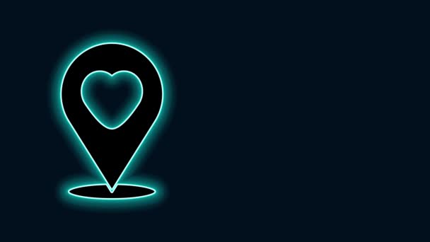 Leuchtender neonfarbener Kartenzeiger mit Herz-Symbol auf schwarzem Hintergrund. Valentinstag. Liebeskummer. Romantische Kartenstecknadel. 4K Video Motion Grafik Animation - Filmmaterial, Video