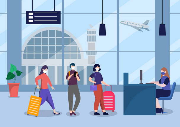 New norma, Vector illustration People in Masks Observe Social Distancing in the Interior Airport, Check-in Line and Queue Travel Flat Design Template - Vector, Image