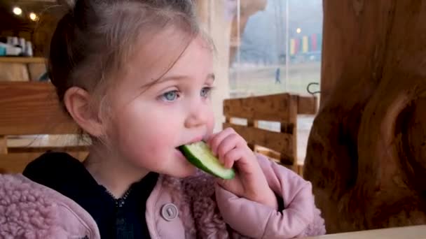 Küçük kız taze salatalık yiyor. - Video, Çekim