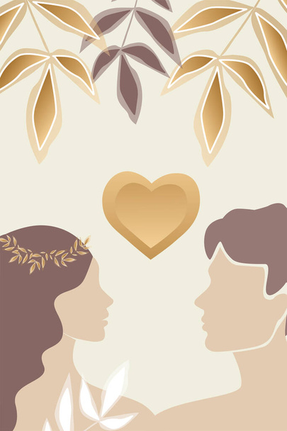 Vector valentine's day  trendy card, story or poster, abstract man and female shapes and silhouette in gold colour. Contemporary art illustrations . Abstract couple in love. Postcard, congratulations  - Vector, Image