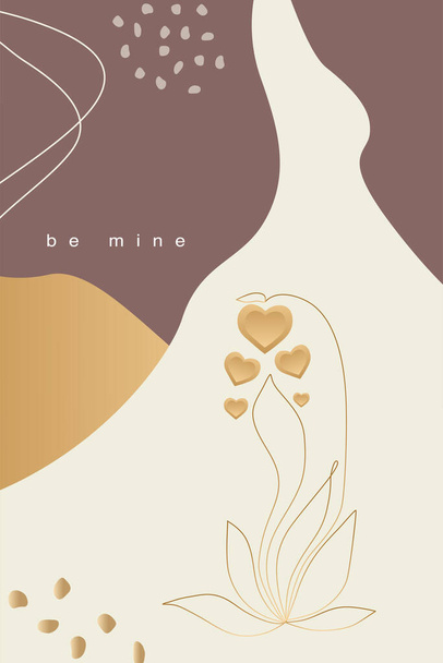 ベクトルバレンタインの日流行のカード、物語やポスター、抽象的な形状や金の色のライン。現代美術のイラスト。ポストカード、愛についての碑文でお祝い – be mine  - ベクター画像