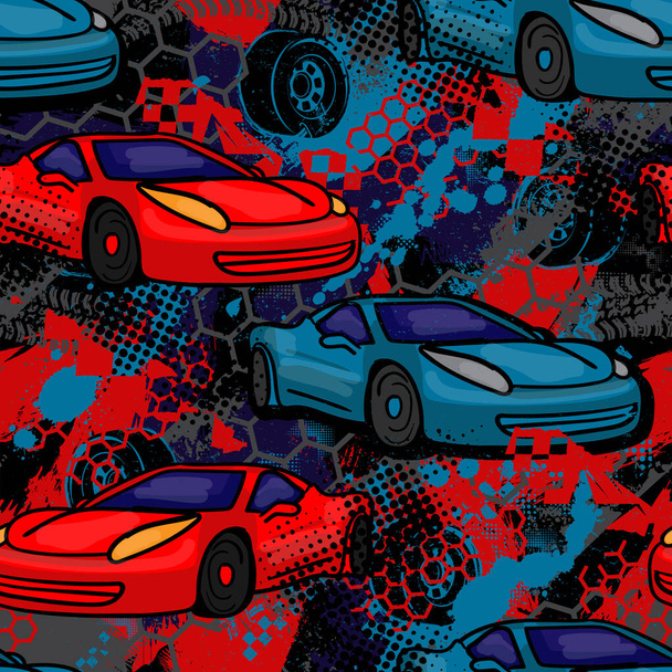 Abstract seamless cars pattern on grunge shape cracked background. Childish style wheel auto repeated backdrop. Red and blue sportcar - Vector, Imagen