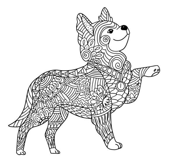 ilustração vetorial desenhada à mão de um cão. anti stress Desenho monocromático do vetor da página da coloração. - Vetor, Imagem