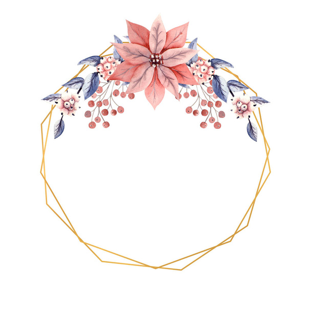 Aquarela de inverno em uma armação poligonal dourada com ramos de bagas de neve e flores poinsettia. Ilustração desenhada à mão. Para convites, cartões, estampas, cartazes, publicidade - Foto, Imagem