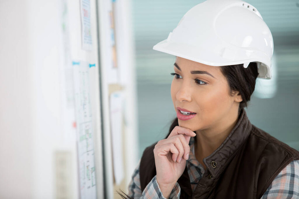 woman wearing a white hardhat contemplating information on noticeboard - Photo, image