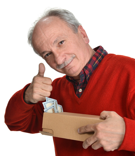 Lucky old man holding box with dollar bills - Photo, Image