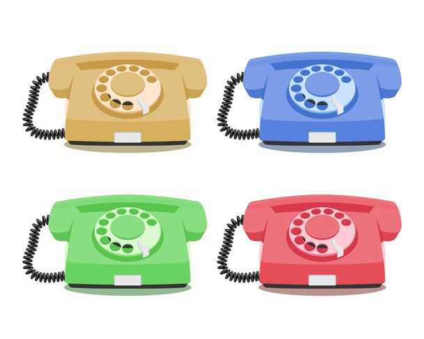 Iconos de teléfono antiguos rotativos establecidos en diferentes colores. Teléfono con cable vintage, teléfono retro. Ilustración vectorial sobre fondo blanco - Vector, imagen