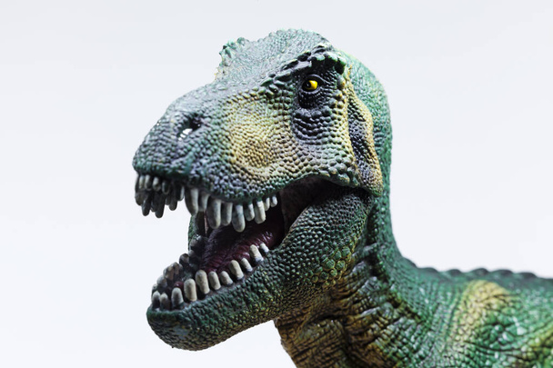 cabeça de um dinossauro de brinquedo com boca aberta no fundo branco - Foto, Imagem