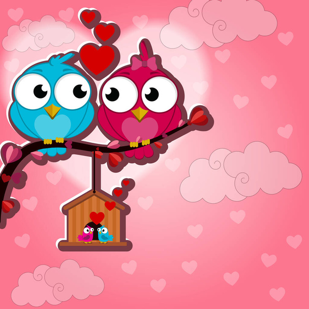 Cute and happy birds with hearts. Birds in love. Valentine's Day. Love forever. Birds and hearts. Isolated. Postcard. Wedding card. - Διάνυσμα, εικόνα