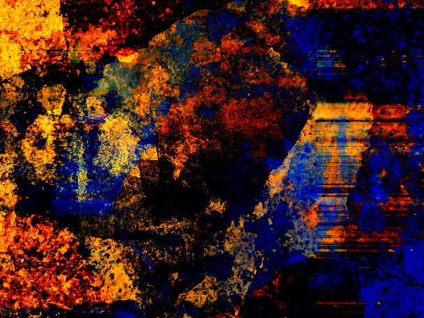 Abstrakter Hintergrund aus roten, blauen und gelben Farben, mit einem spektakulären Rhythmus und Einschüben. Ein surreales Bild in modernem Stil. Für Ihre Tapeten, Kunstprojekte und Kunstwerke - Foto, Bild