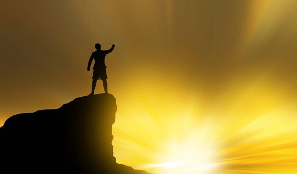silhouette of man on mountain top over sky and sun light background, business, success, leadership, achievement and people concept - Фото, изображение