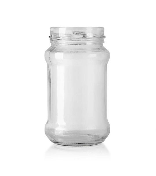Frasco de vidro vazio aberto para alimentos e alimentos enlatados. Isolado em fundo branco com caminho de recorte - Foto, Imagem