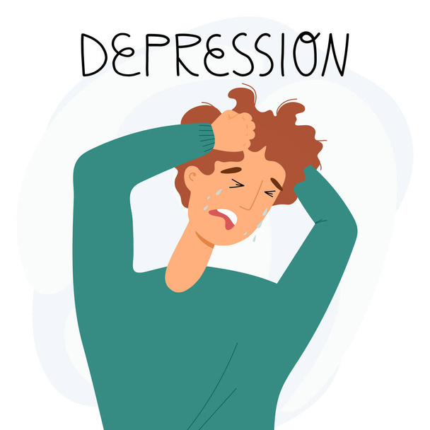 Depressed, very stressed or taking something heavy person concept. Young guy crying, clutching his head with his hands. - Vector, Image