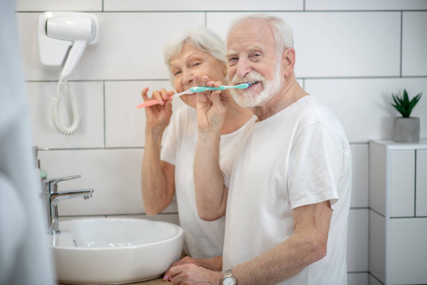 Elderly couple brushing their teeth together and looking contented - Foto, Bild