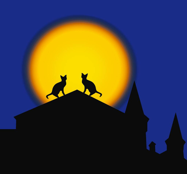 Siluetas de un par de gatos sentados en el techo sobre el fondo de la luna llena  - Foto, imagen