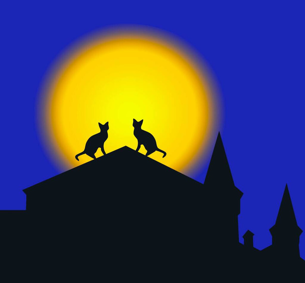 Siluetas de un par de gatos sentados en el techo sobre el fondo de la luna llena  - Foto, imagen