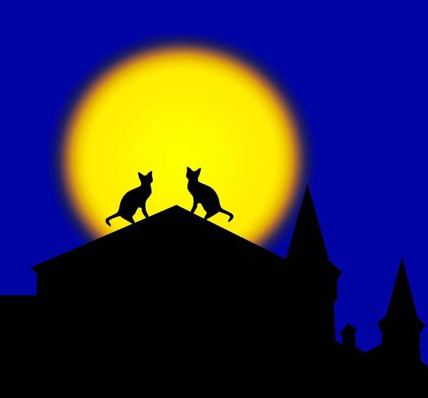 Силуэты пары кошек, сидящих на крыше на фоне полной луны  - Фото, изображение