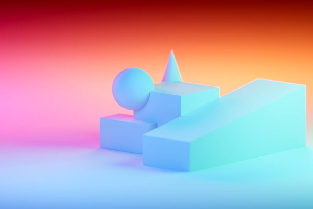 3d bodegón clásico con formas volumétricas geométricas de color rosa, naranja y azul con sombra: paralelepípedo, cubo, cono, bola - Foto, imagen