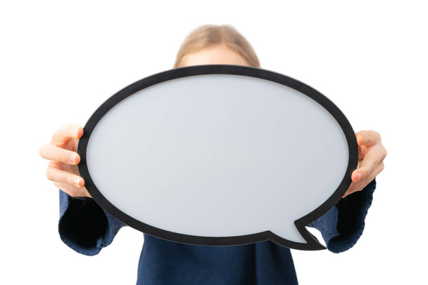 Close up of person holding blank speech bubble on white background. Communication and dialogue. - Фото, изображение