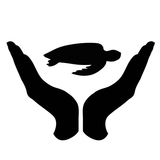 Silhouette vectorielle d'une main dans un geste défensif protégeant une tortue. Symbole d'animal, sauvage, nature, humanité, soins, protection. - Vecteur, image