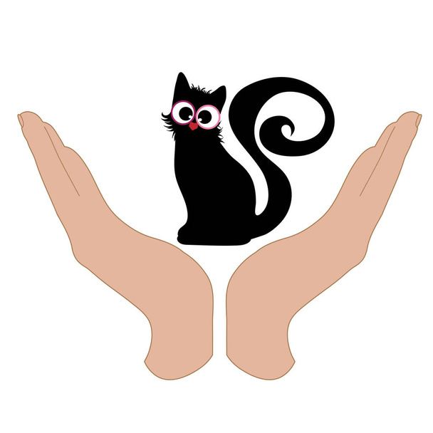 Ilustración vectorial de una mano en un gesto defensivo que protege a un gato. Símbolo de animal, mascota, naturaleza, humanidad, cuidado, protección, veterinario. - Vector, Imagen