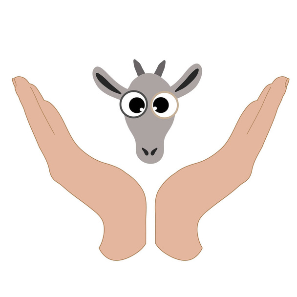 Illustrazione vettoriale di una mano in un gesto difensivo che protegge una capra. Simbolo di animale, fattoria, bestiame, umanità, cura, protezione, veterinario. - Vettoriali, immagini
